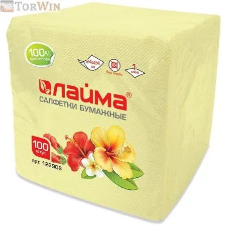 Салфетки бумажные 100 шт., ЛАЙМА, жёлтые (пастель), 100% целлюлоза